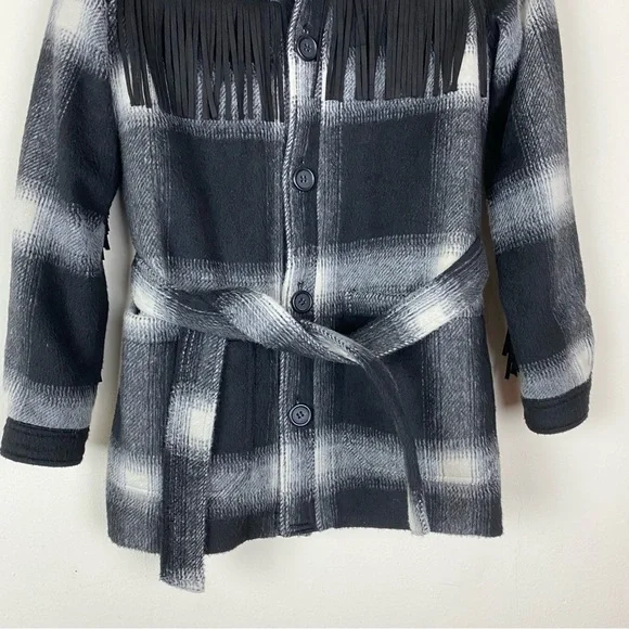 New Mother Fringe Plaid Flannel Coat Shirt Jacket Shacket Western Boho XS